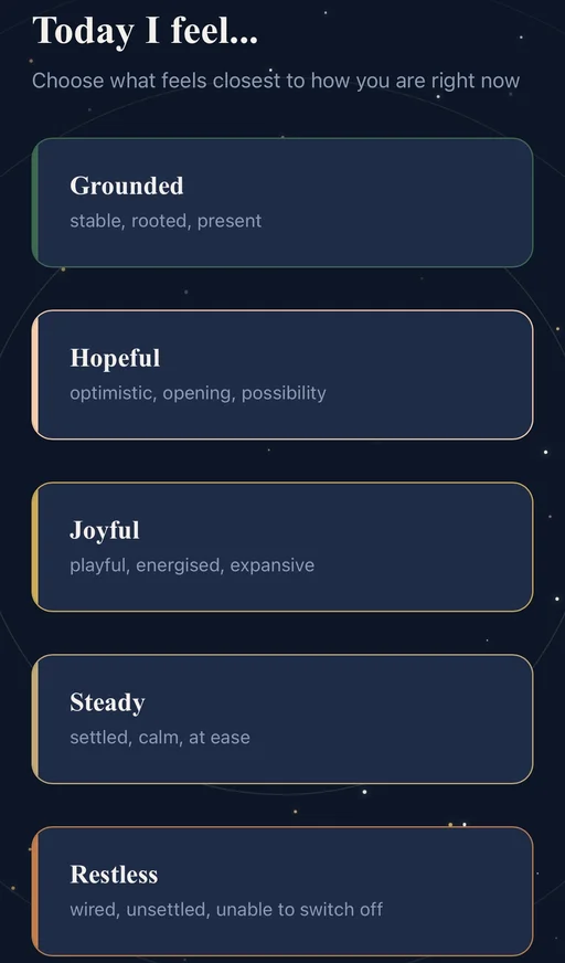 The Art of Pausing app screen for choosing one of 12 emotional pathways, asking "Today I feel..." with options like Grounded, Hopeful and Joyful