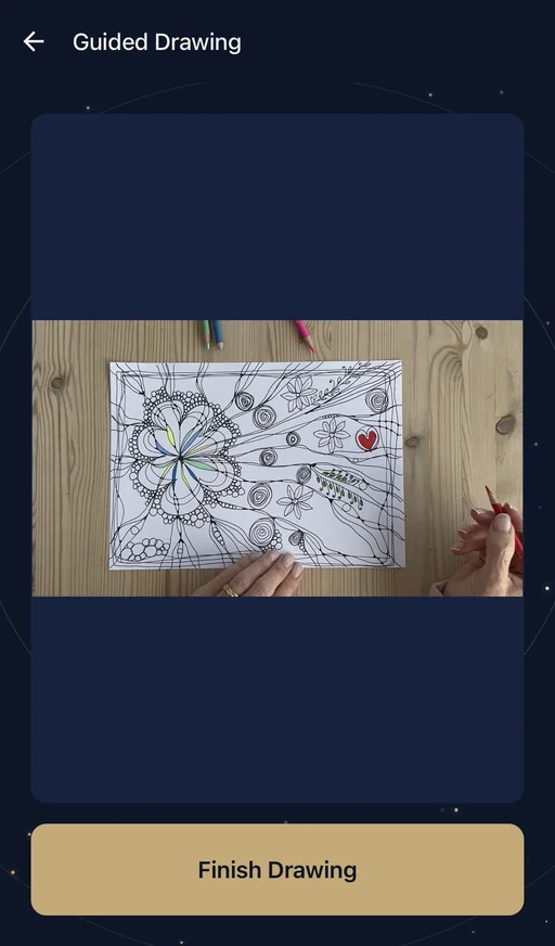 The Art of Pausing app creative practice screen, showing a hand-drawn mandala practice in progress