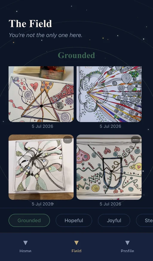 The Art of Pausing app The Field screen, showing an anonymous gallery of drawings from other users